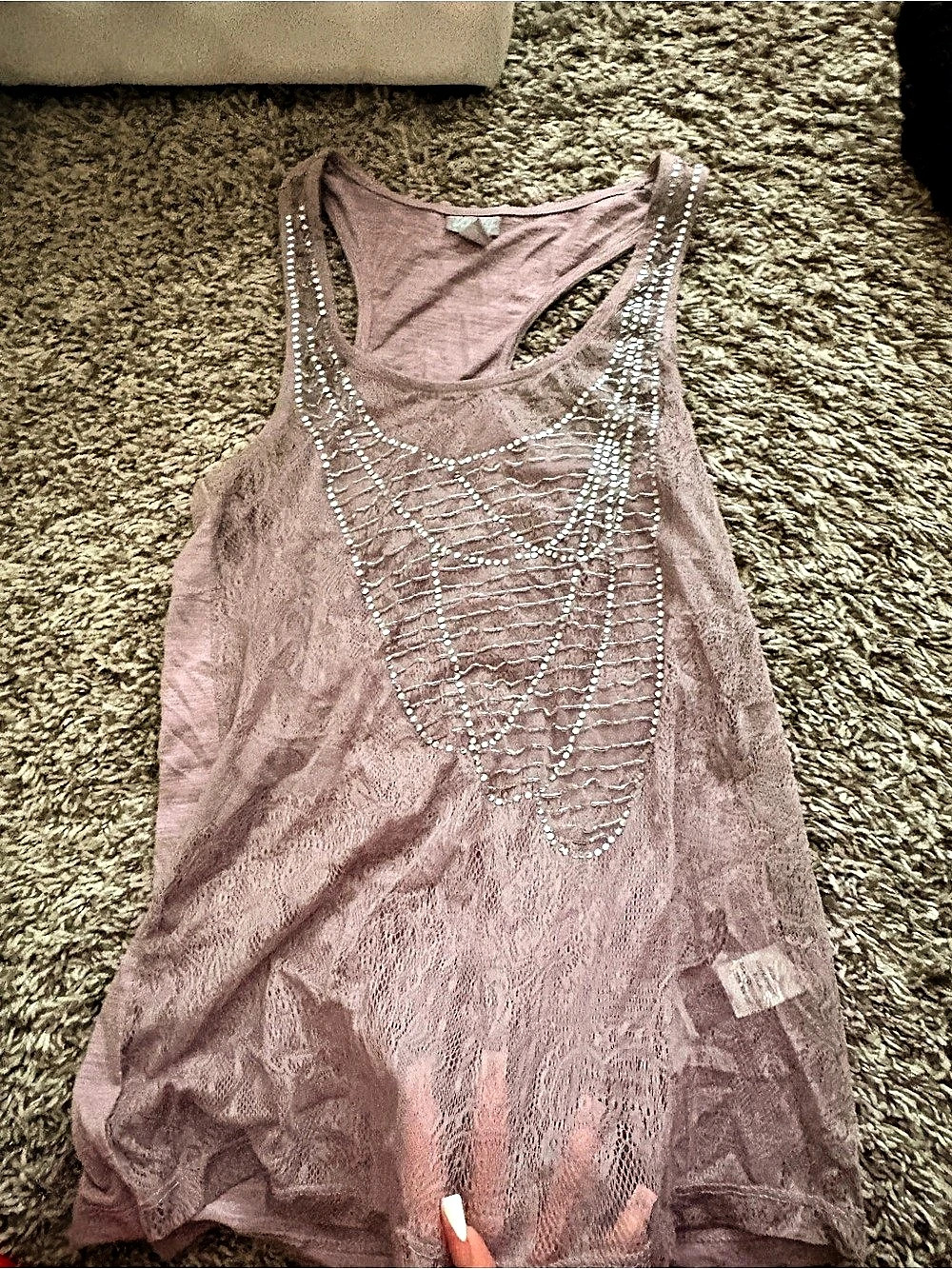 Vanity Embellished Lace Tank Top in Purple Like New